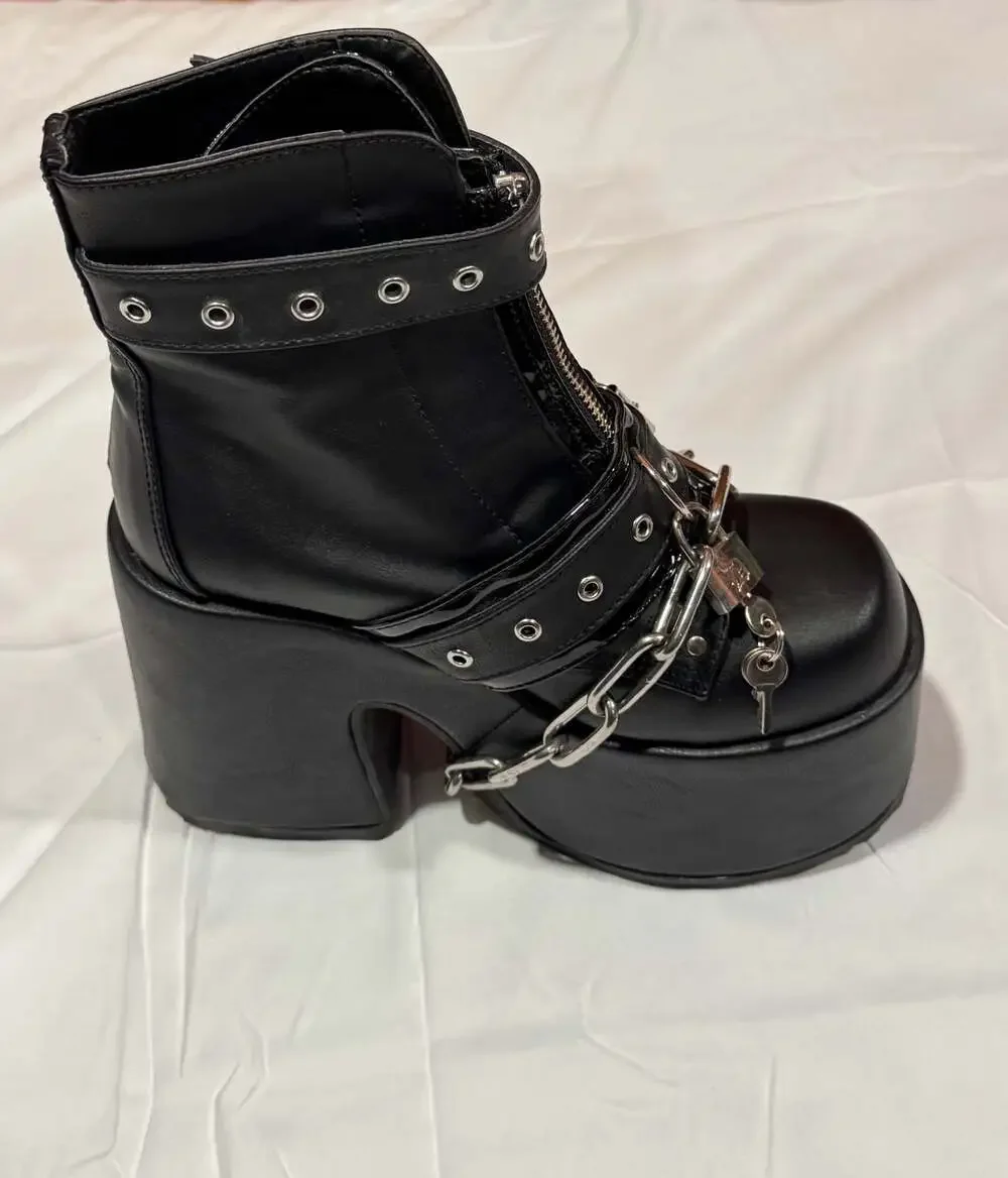 Demonia Camel-203 Black Vegan Leather Platform Boots with Chains and Padlock